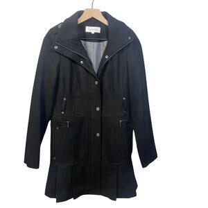 Calvin Klein Black Wool Blend Full Zip Pleated Hem Coat Fitted Sz 4 No Belt